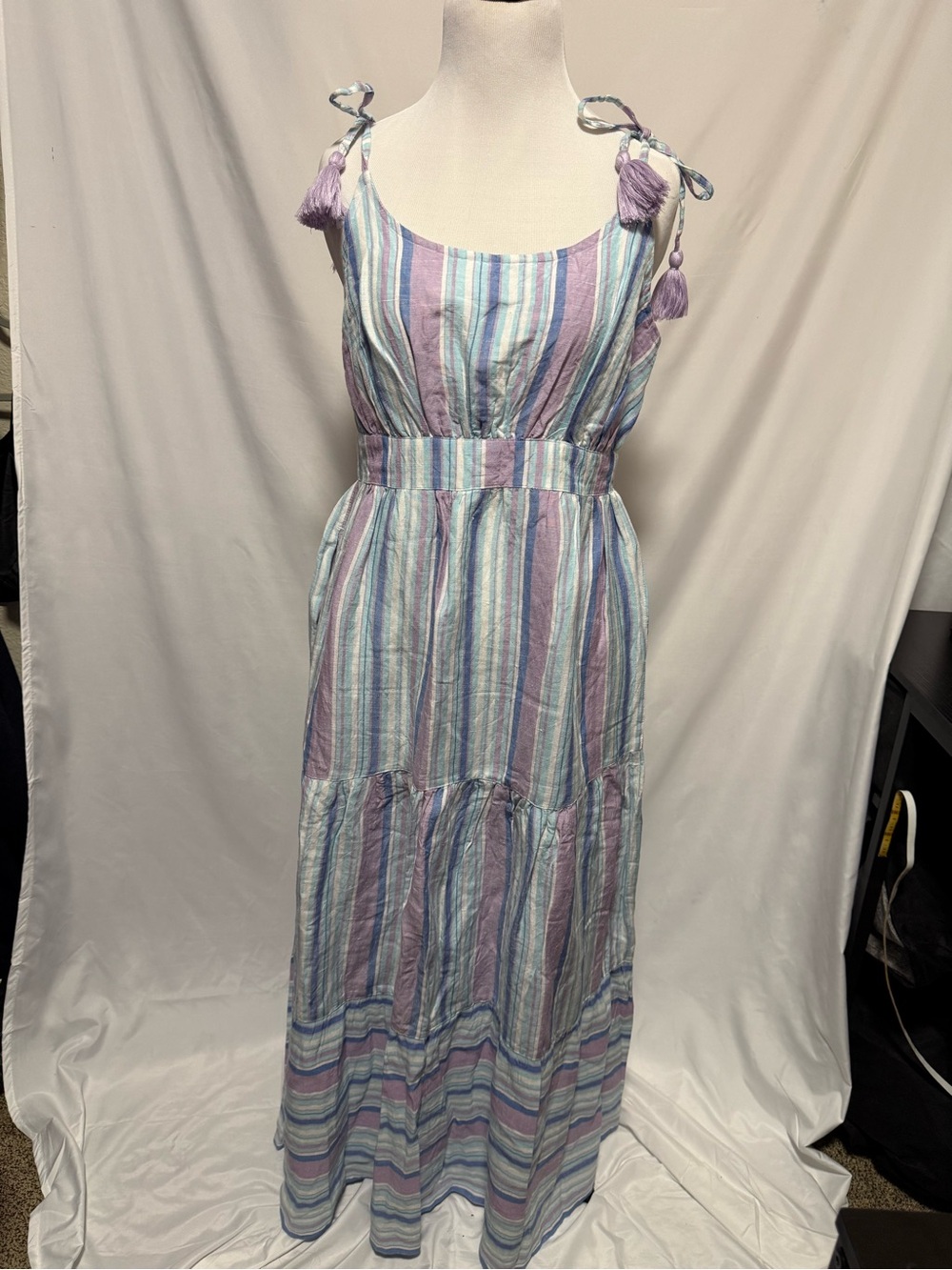 Tommy Bahama Sleeveless Striped Maxi Dress with Tie Shoulders - Lavender/Blue